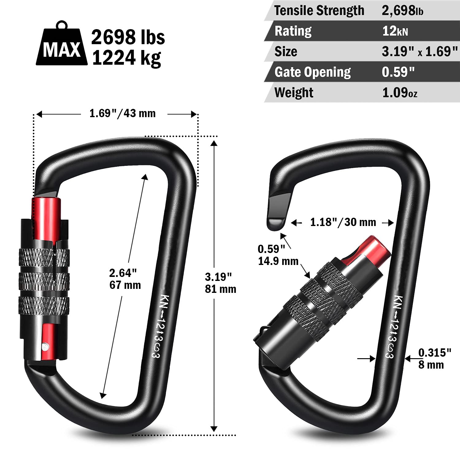 3Inch Locking Carabiner Clips-Twist Auto Lock Caribeener, Heavy Duty Keychain Key Carabeaner Hooks, 7075 Aerial Aluminum Ultra L