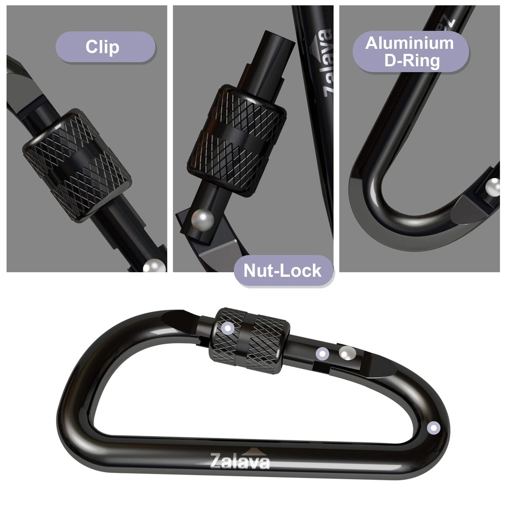 Zalava 6 Pcs 2D-Clip Durable Locking Carabiner Keychain Clip,Keychain Clip Hook,Black