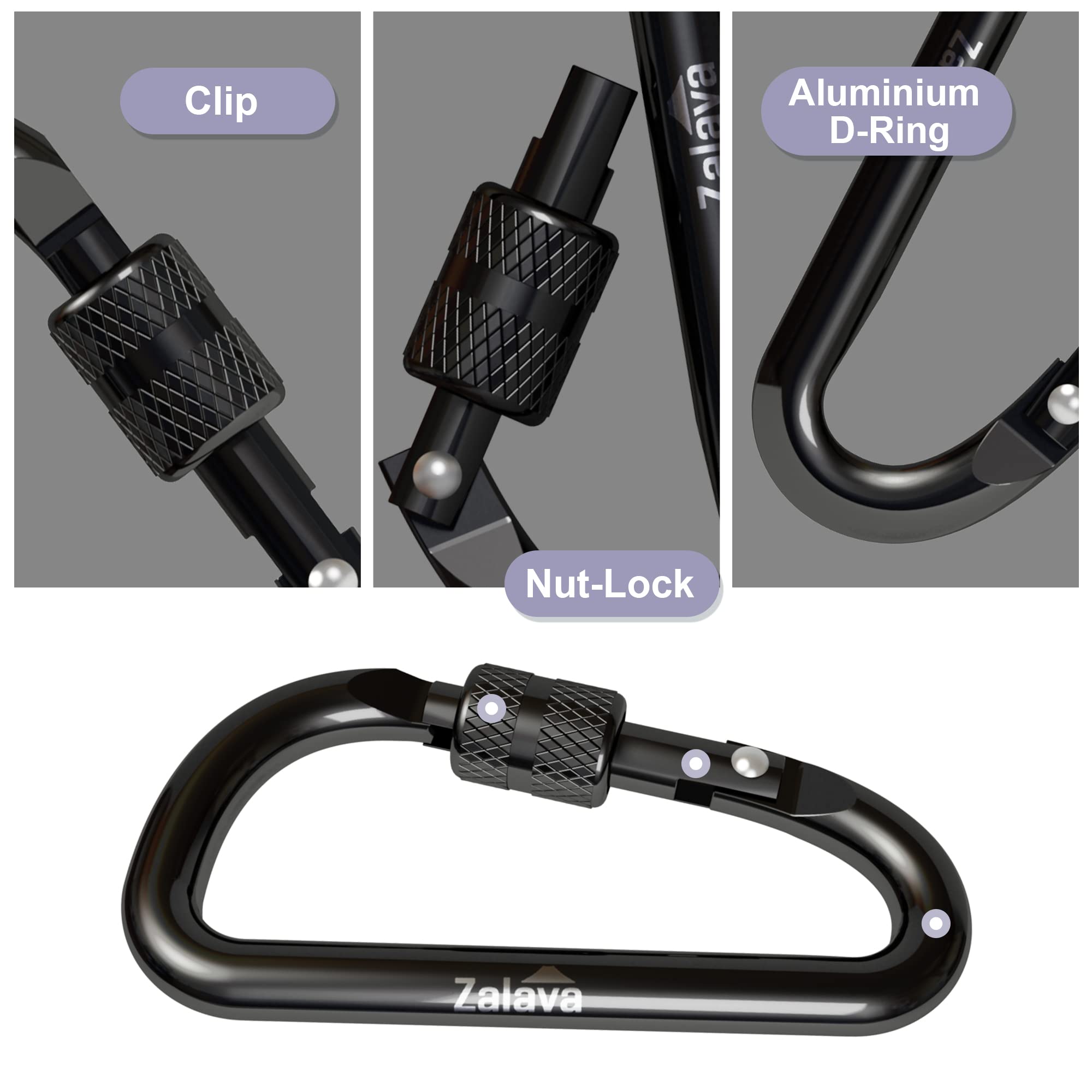 Zalava 6 Pcs 2D-Clip Durable Locking Carabiner Keychain Clip,Keychain Clip Hook,Black