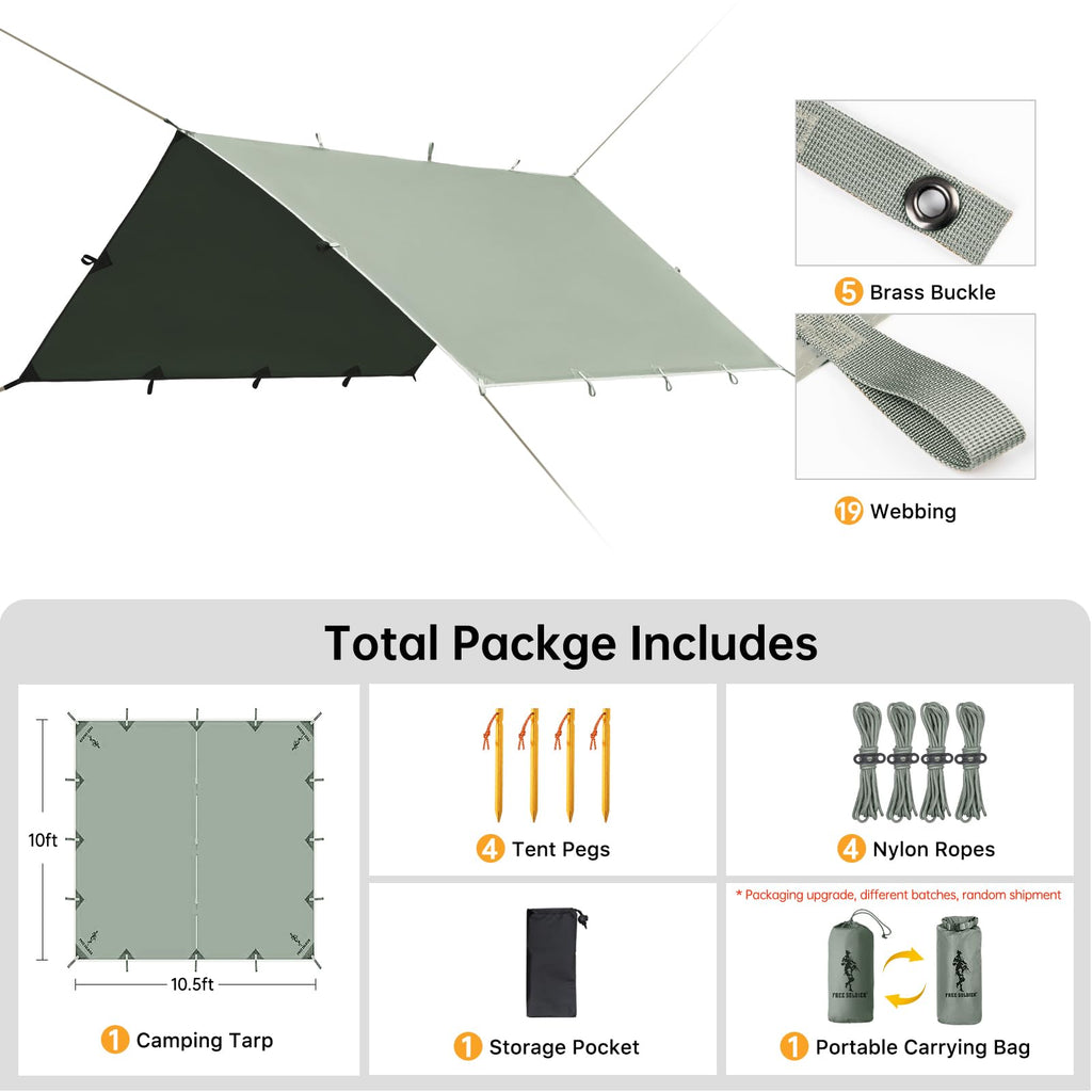 Free Soldier Camping Tarp Waterproof Portable Multifunctional Outdoor Traveling Awning Backpacking Shelter Rain Tarp (Bean Green