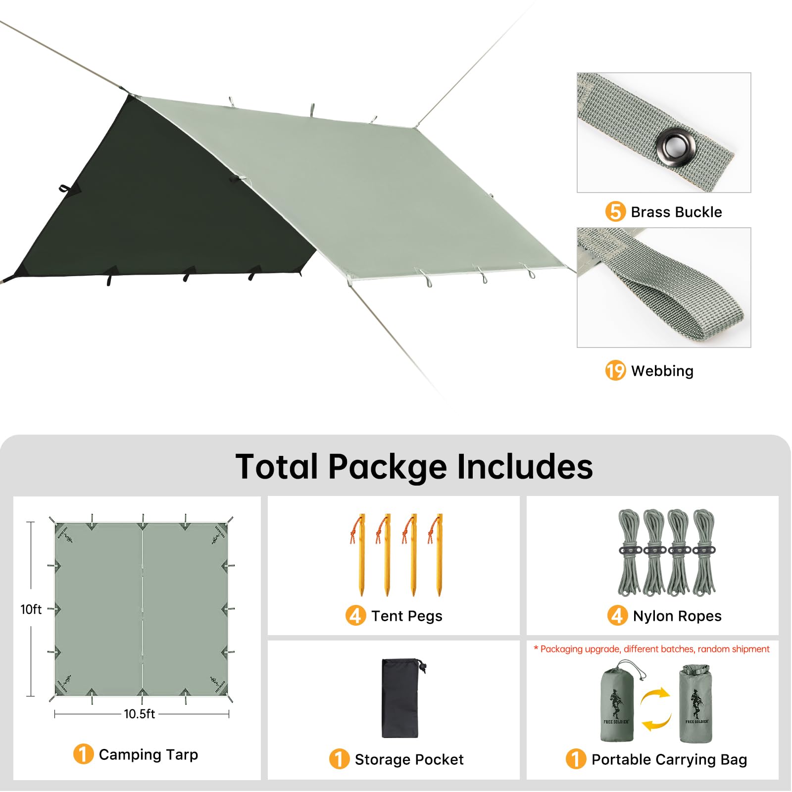Free Soldier Camping Tarp Waterproof Portable Multifunctional Outdoor Traveling Awning Backpacking Shelter Rain Tarp (Bean Green