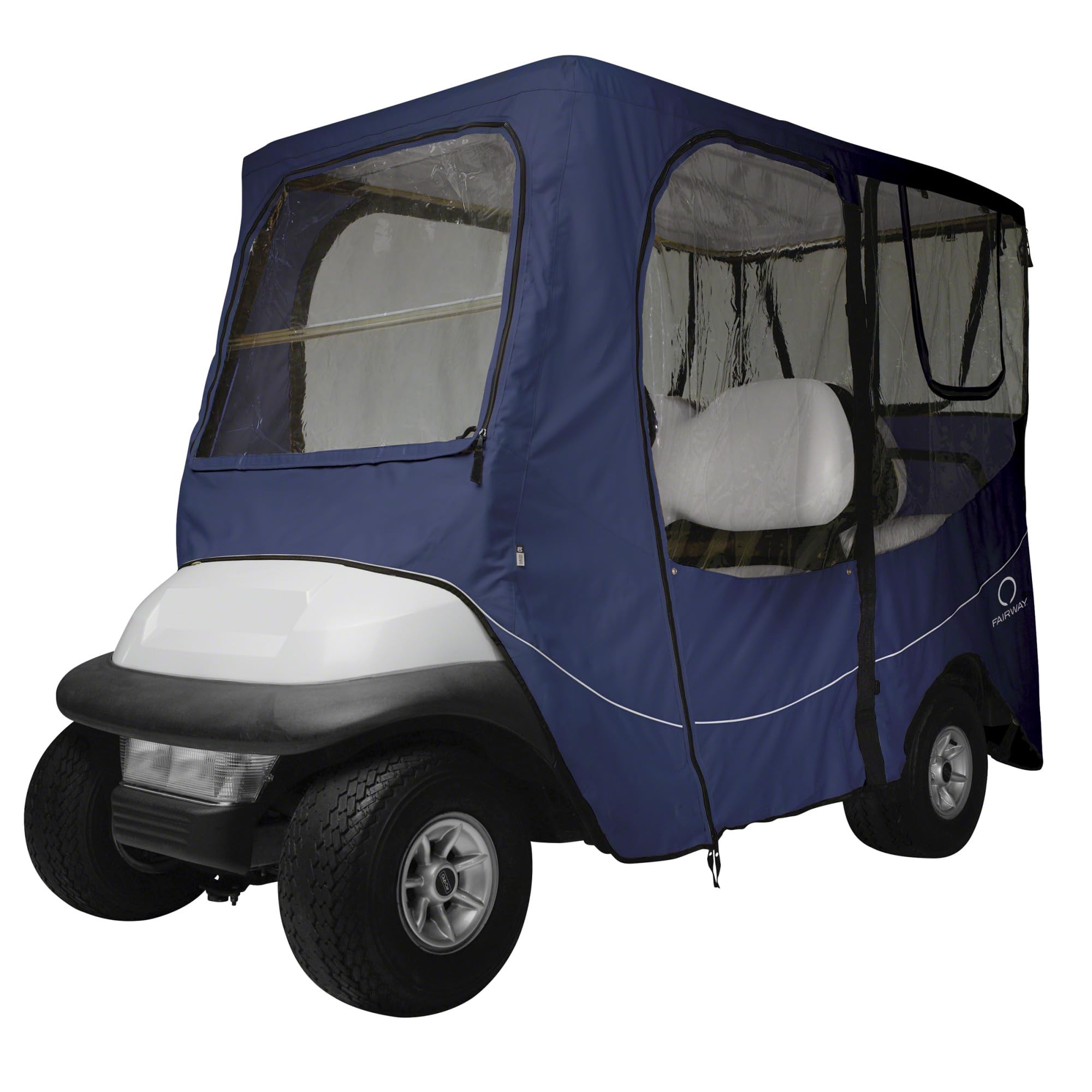 Classic Accessories Fairway Long Roof 4-Person Deluxe Golf Cart Enclosure, Navy News with Clear Windows
