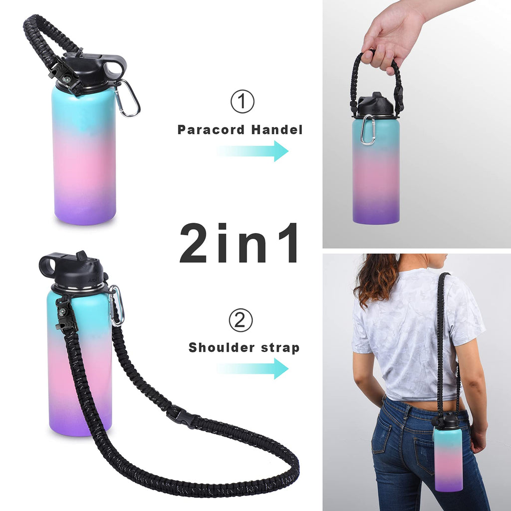 Wongeto Paracord Handle With Shoulder Strap,Compatible With Hydro Flask Wide Mouth Water Bottles 12Oz - 64 Oz And Other Wide Mou