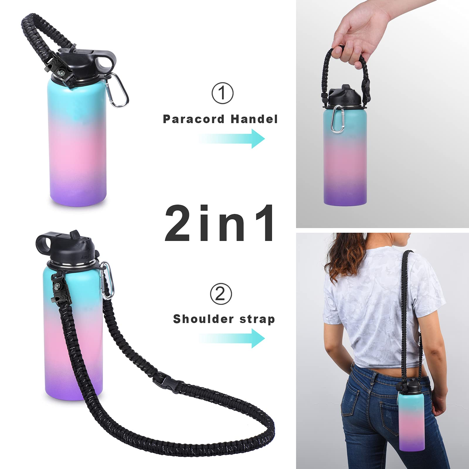 Wongeto Paracord Handle With Shoulder Strap,Compatible With Hydro Flask Wide Mouth Water Bottles 12Oz - 64 Oz And Other Wide Mou
