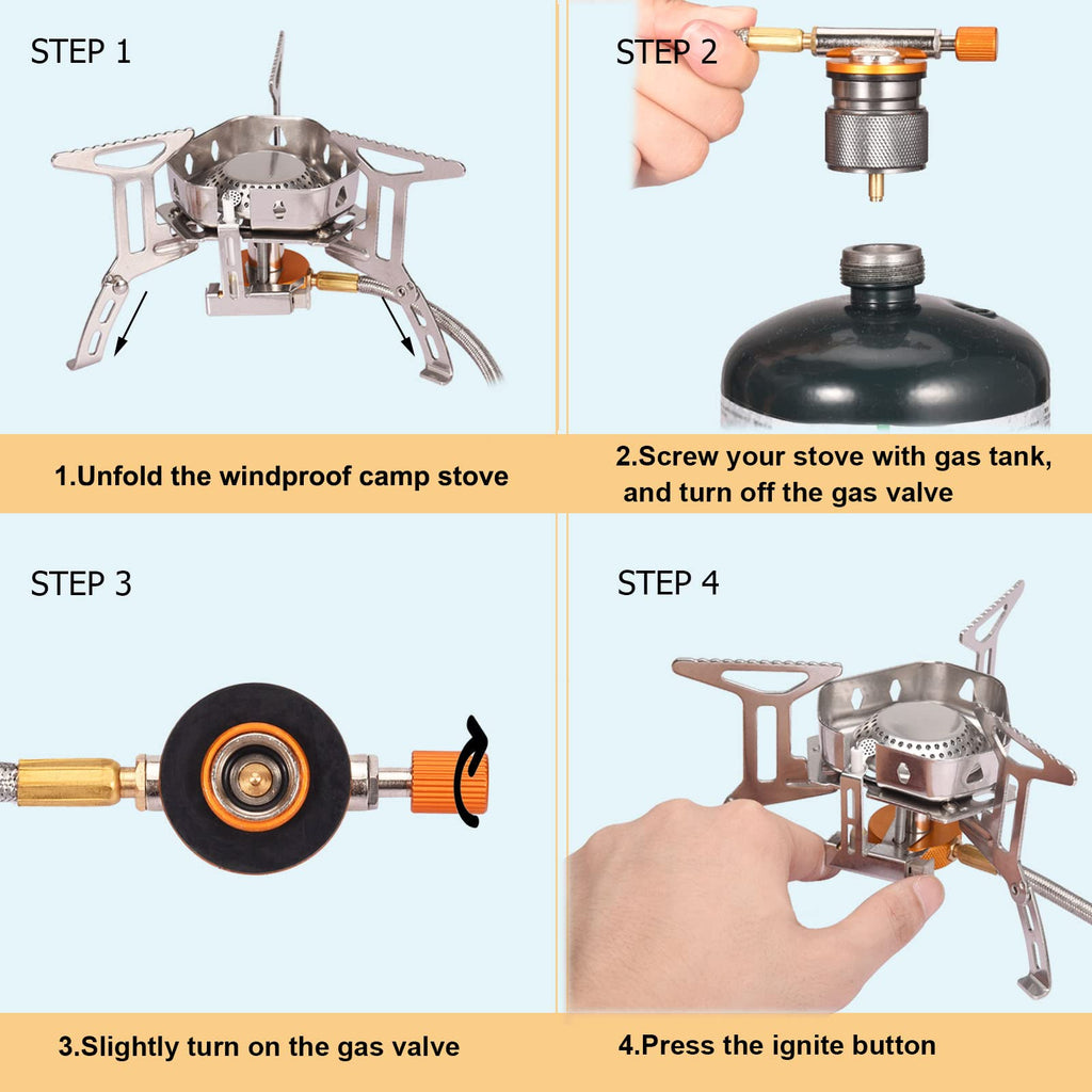 Portable Backpacking Stove With Piezo Ignition Windproof Camping Gas Stove Camp Stove Foldable Burner With Propane Canister Adap