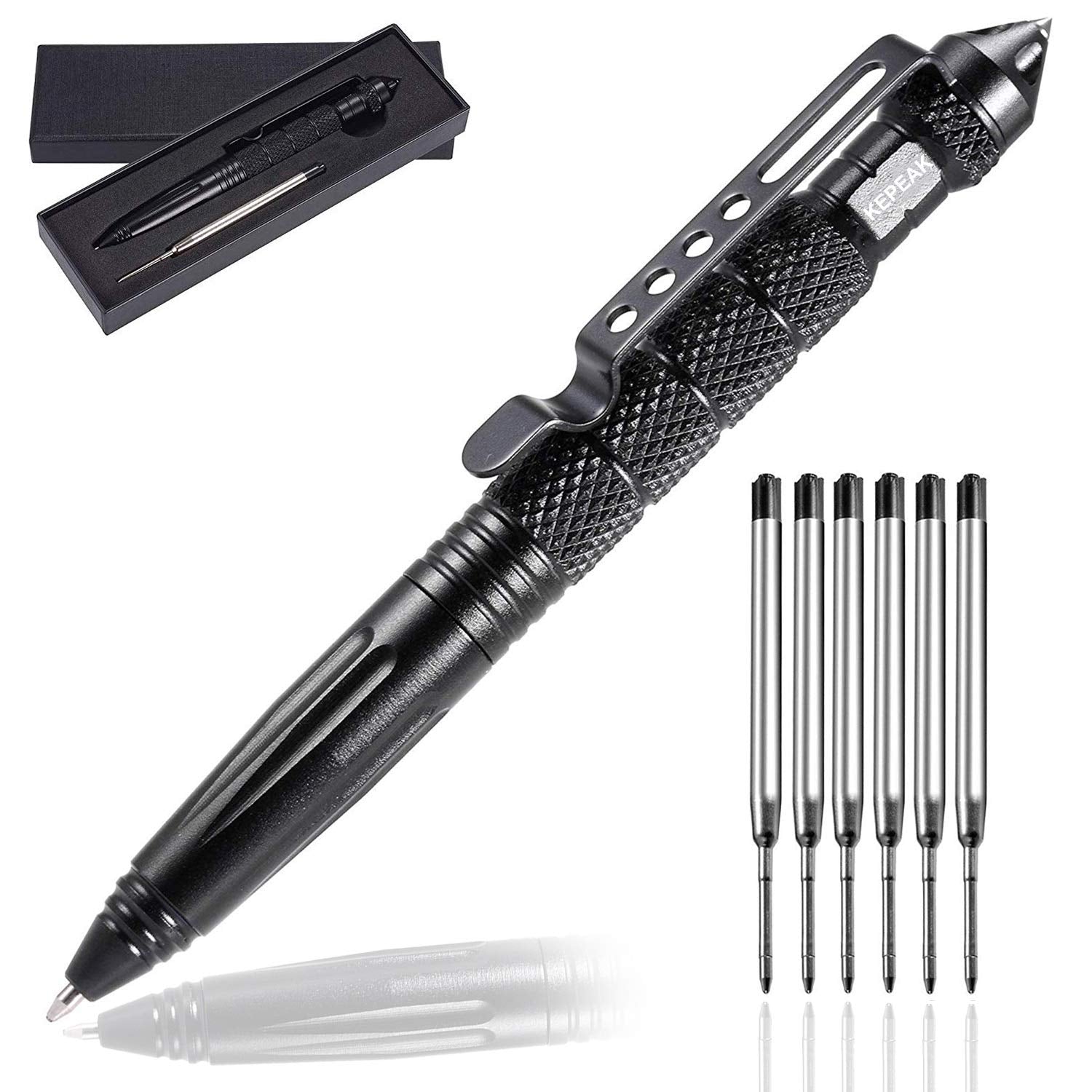 KEPEAK Military Tactical Pen, Professional Self Defense Pen, Emergency Glass Breaker Pen - Tungsten Steel, Writing Tool with 6 R
