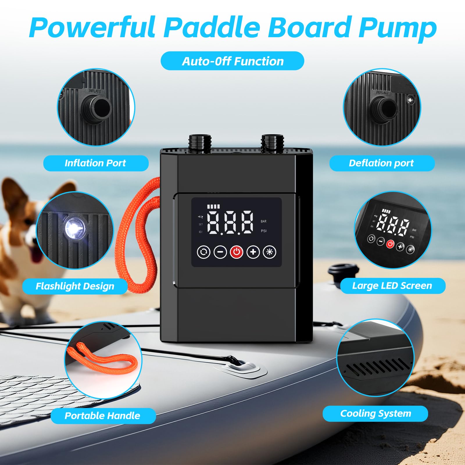 Electric Paddle Board Pump, 20Psi 12000Mah Rechargeable Sup Pump With Storage Bag, Intelligent Dual Stage Inflation & Deflation,