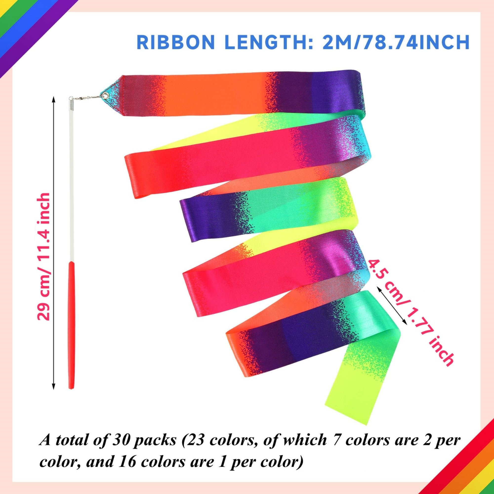 Yilloog Rainbow Dance Ribbon 78.7 Inch Gymnastics Ribbon Streamers Ribbon Dancer Wand Dancing Ribbon For Kids, Fits Artistic Dan