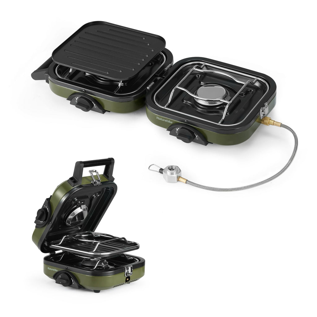 Naturehike 2 Burner Folding Camping Stove With Griddle, Portable Camp Isobutane Gas Stove With 16000 Btu Adjustable Burners & Pi