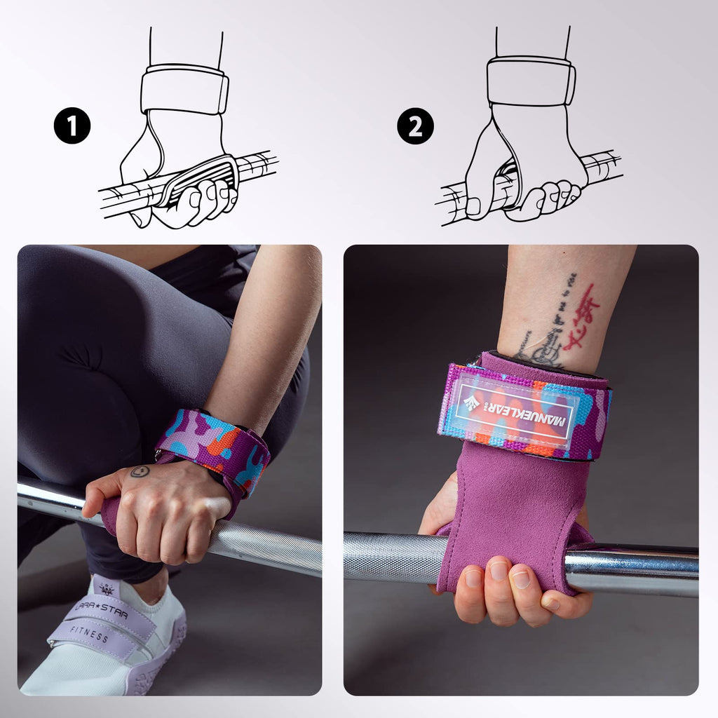 Manueklear Weight Lifting Grips, Leather Hooks Straps For Deadlifts, Pull-Ups, Heavy Shrugs, Non-Slip Adjustable Wrist Wrap Glov