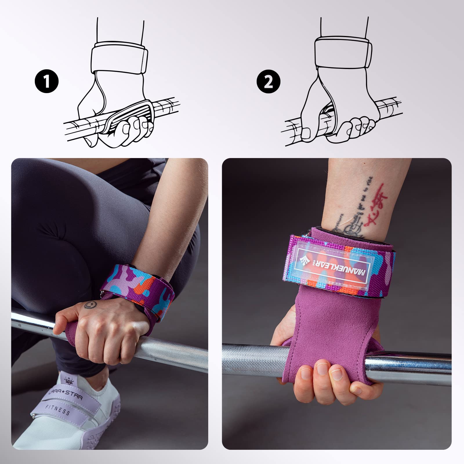 Manueklear Weight Lifting Grips, Leather Hooks Straps For Deadlifts, Pull-Ups, Heavy Shrugs, Non-Slip Adjustable Wrist Wrap Glov