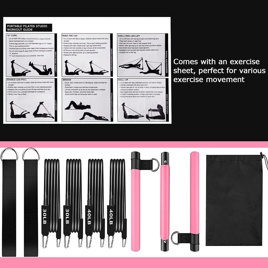 Bbtops Pilates Bar Kit With Resistance Bands(4 X Bands),3-Section Pilates Bar With Stackable Bands Workout Equipment For Legs,Hi