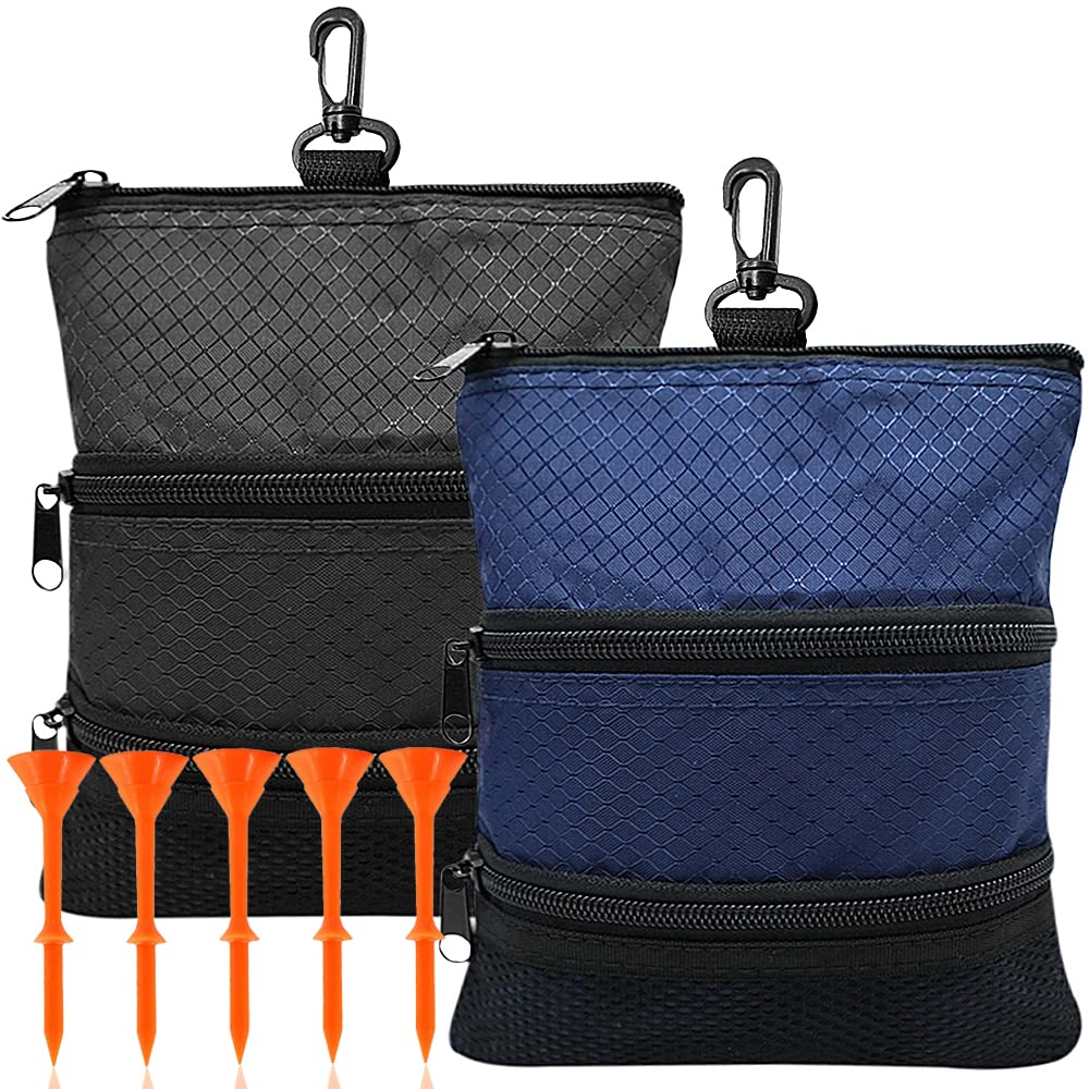 Amy Sport Golf Bag Accessories Valuables Pouch Bags Multi Pocket Zipper Hook with 10 Pcs Wood Golf Tees for Men Women (Black & B