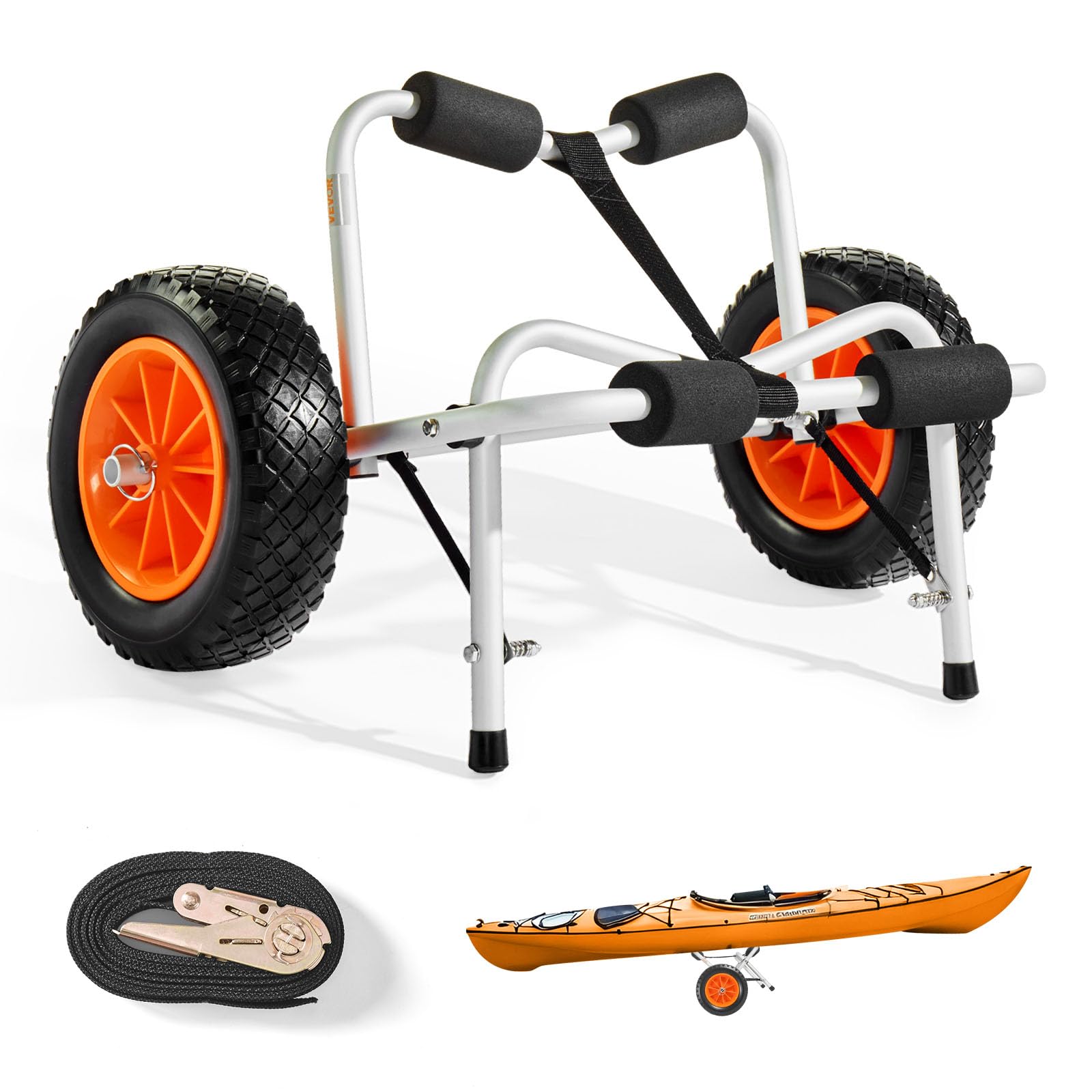 VEVOR Kayak Cart, 250 lbs Load Capacity, Foldable Kayak Trolley with 10-inch Solid Rubber Tires & 1 Ratchet Strap, Paddle Board 