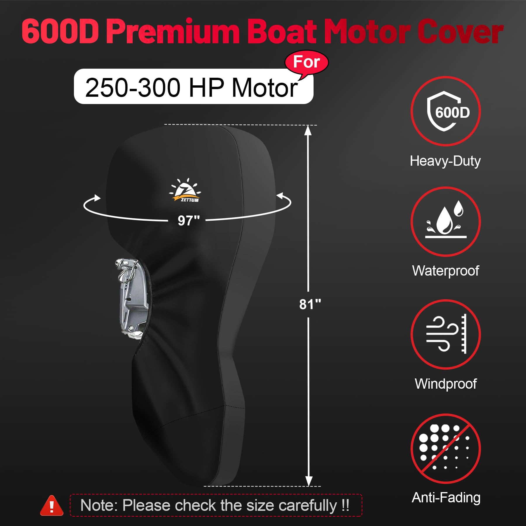 Zettum Outboard Motor Cover, 600D Full Boat Motor Cover Waterproof & Heavy Duty, Fade-Resistant Boat Engine Cover, Fit For Motor