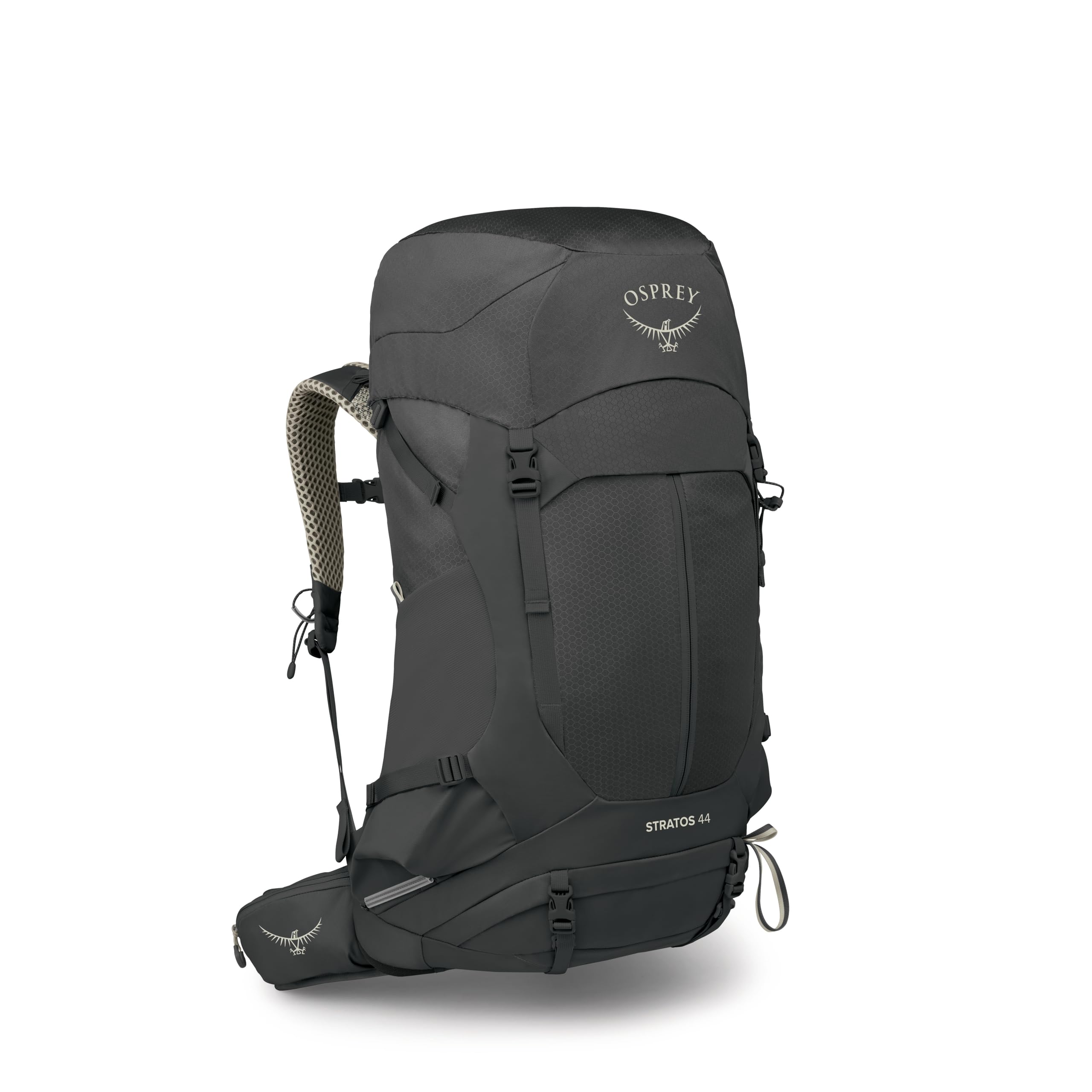 Osprey Stratos 44L Mens Hiking Backpack - Lightweight Backpacking Pack with Waterproof Raincover - Camping Bag, Raven Black
