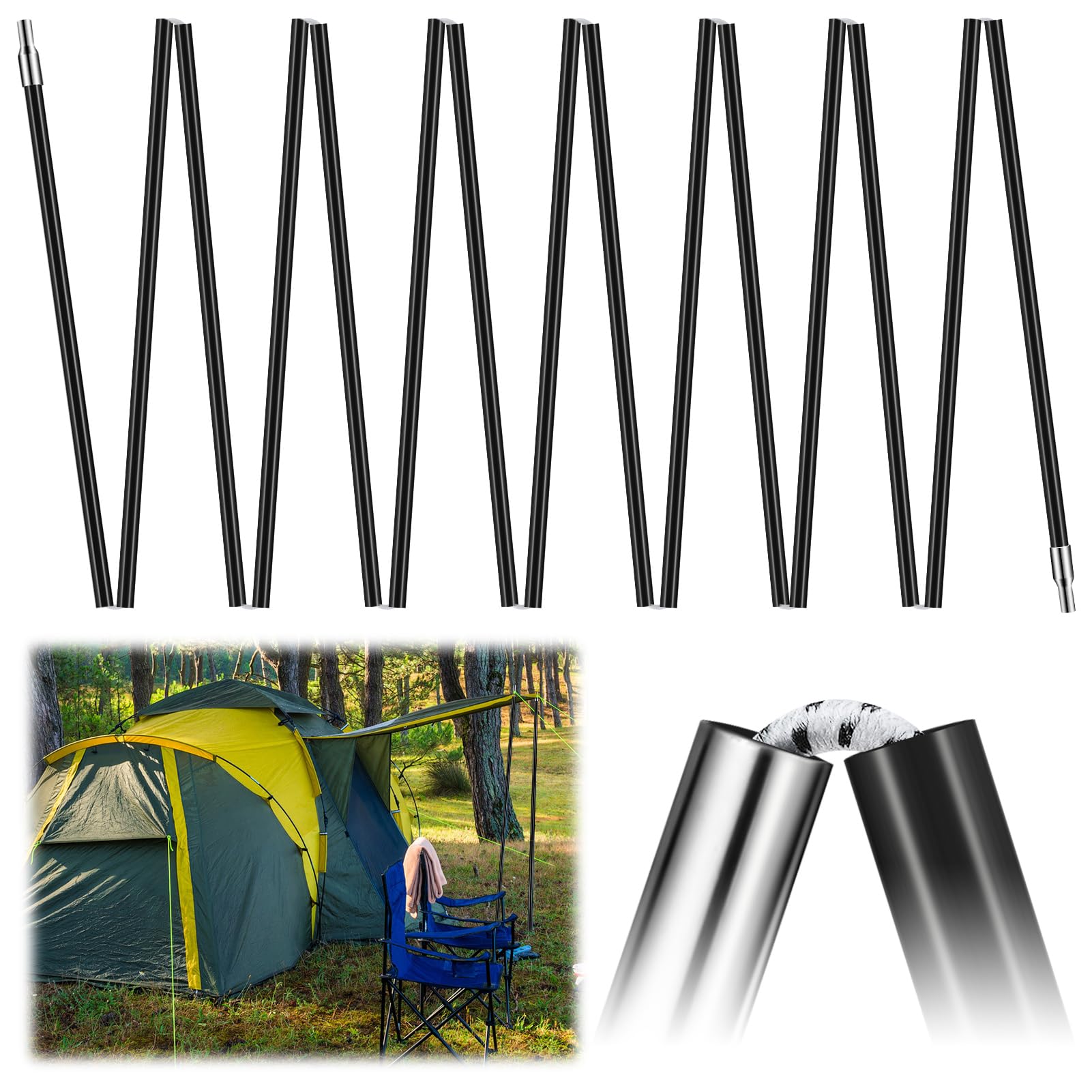 Yaocom 2 Pcs 20ft Fiberglass Tent Poles Replacement Pre Assembled Black Tent Poles Camping Rod Parts for Hiking Outdoor Camping 