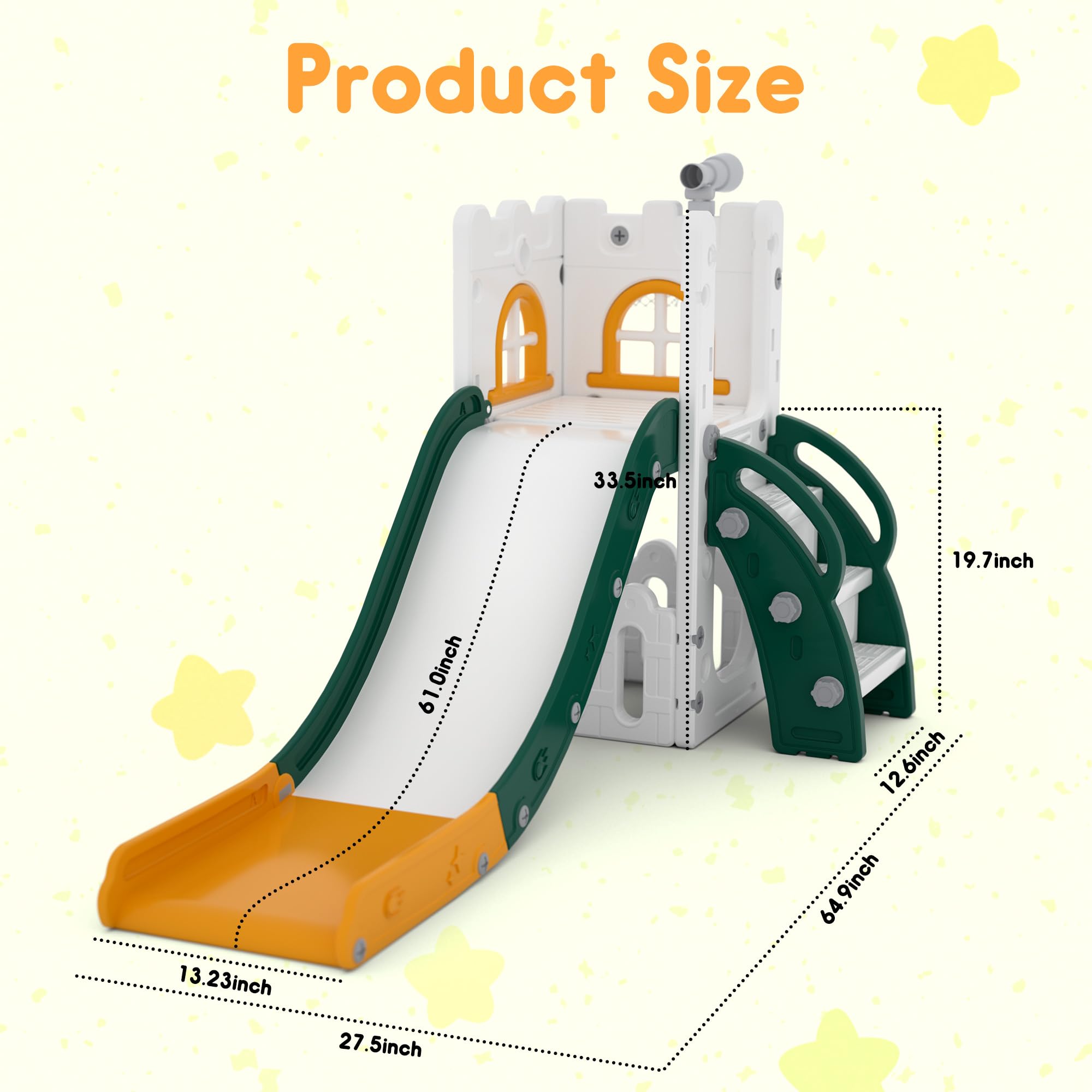 LulliSpace 6 in 1 Toddler Slide,Kids Playset for Toddlers Indoor Outdoor, Baby Slide with Basketball Hoop, Telescope & Storage S