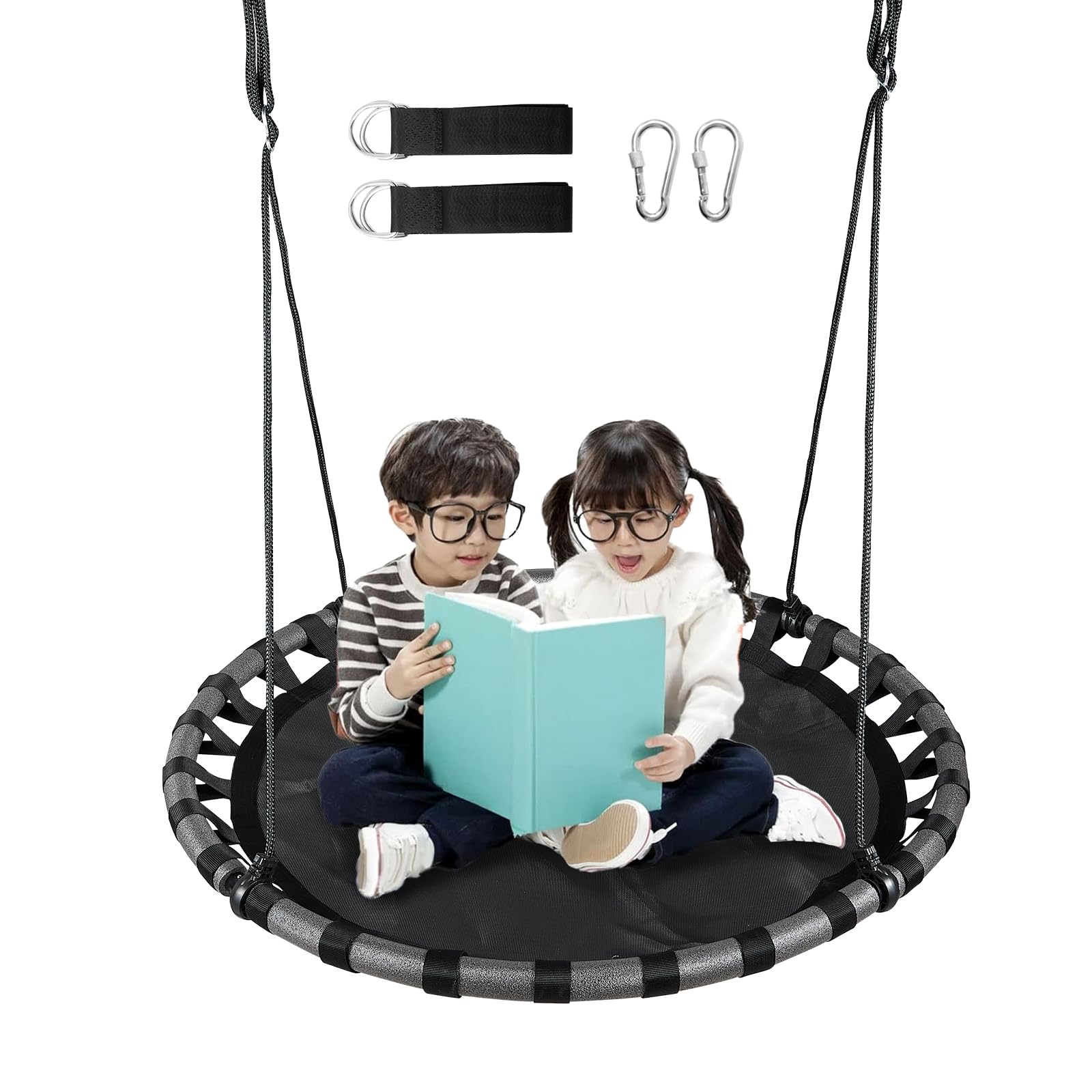 43 inch Black Saucer Tree Swing for Kids,Flying Round Swing Waterproof and All-Weather Resistant,PP Mat,Adjustable Strong Ropes,