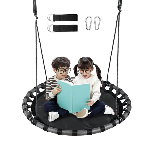 43 inch Black Saucer Tree Swing for Kids,Flying Round Swing Waterproof and All-Weather Resistant,PP Mat,Adjustable Strong Ropes,