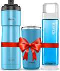 Clean Hydration Gift Set | Square Water Bottle 25 Oz | Insulated Bike Water Bottle 23 Oz | Double Wall Ceramic Tumbler 20 Oz | Blue