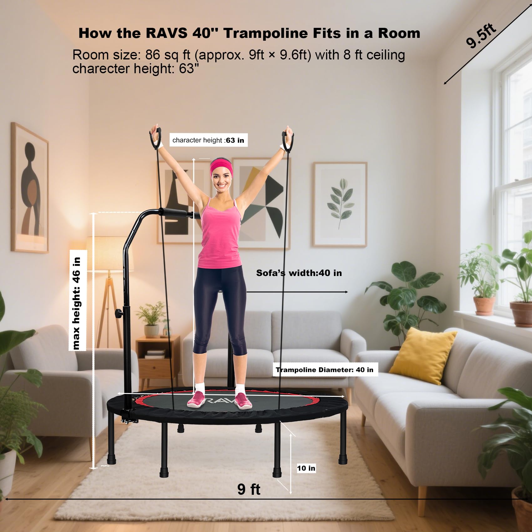 Ravs Mini Trampoline For Kids Adults 40'' Foldable Fitness Rebounder Kids Trampoline With 5 Levels Height Adjustable Handle Resi