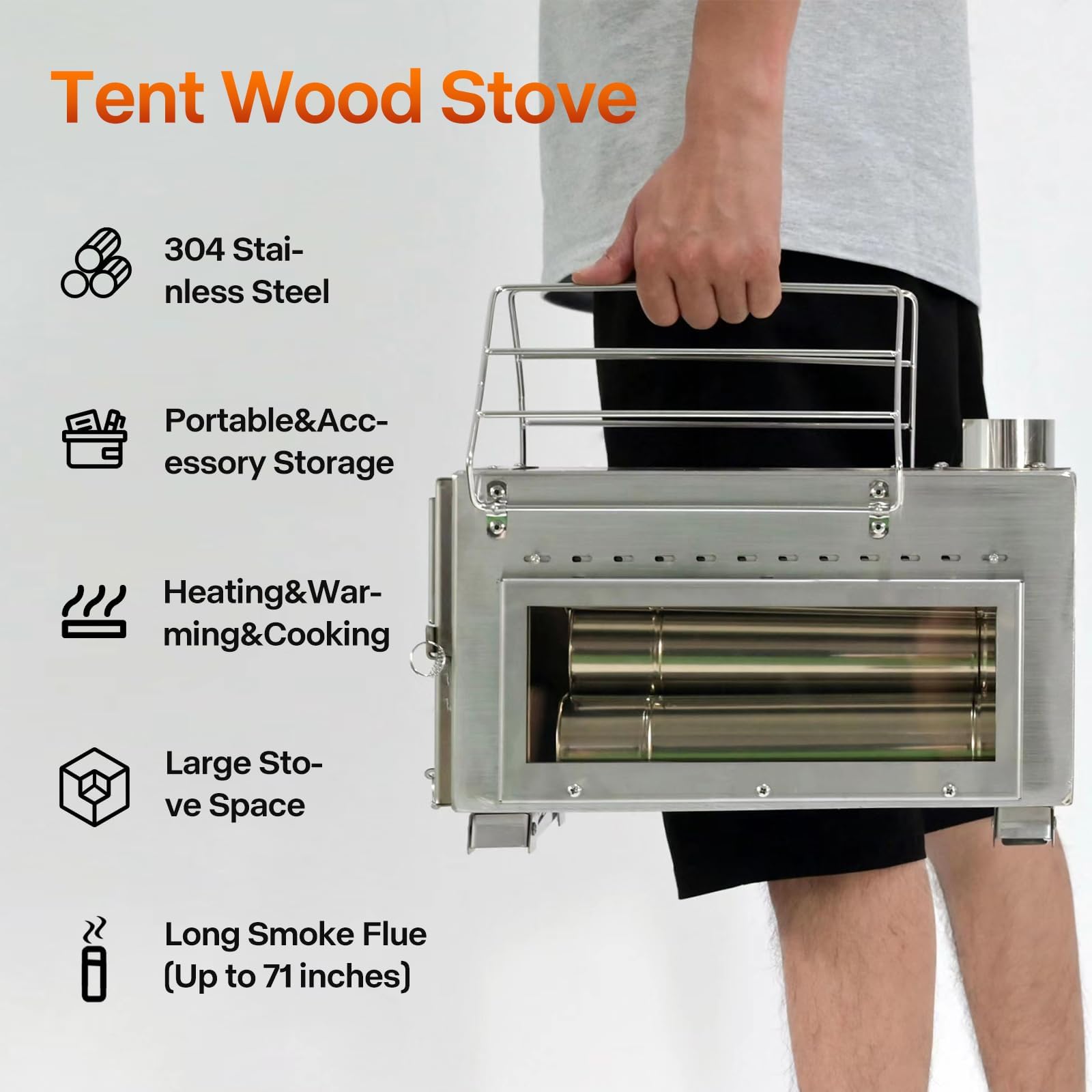 Wood Stove, Camping Wood Stove Include View Glass, Portable Wood Stove With 7 Stainless Steel Insulated Chimneys For Shelter, Hu