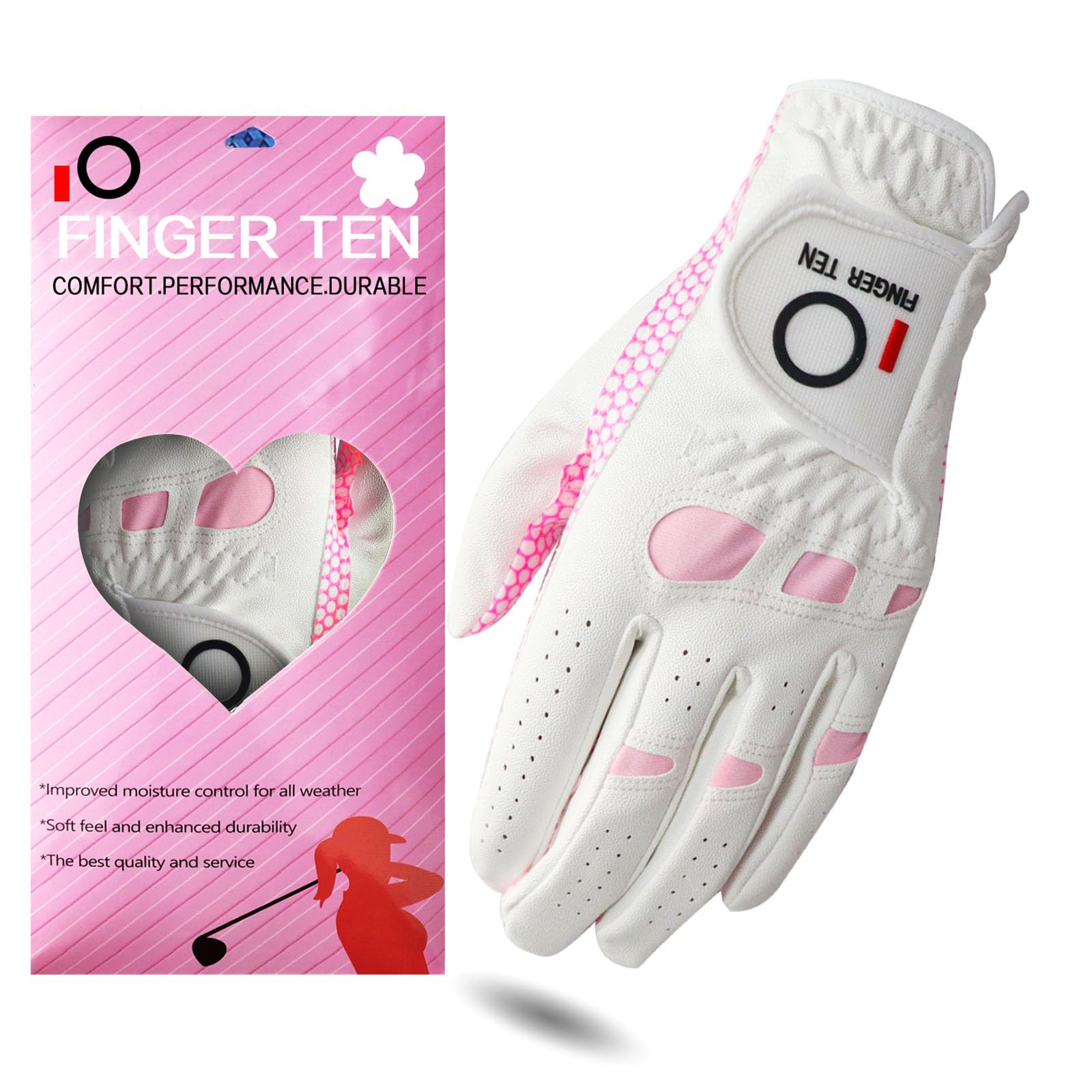 FINGER TEN All Weather Grip Ladies Golf Gloves 1 Pack for Left and Right Hand Golfers, Soft Golf Glove LH RH, Sizes S M L XL (Pi