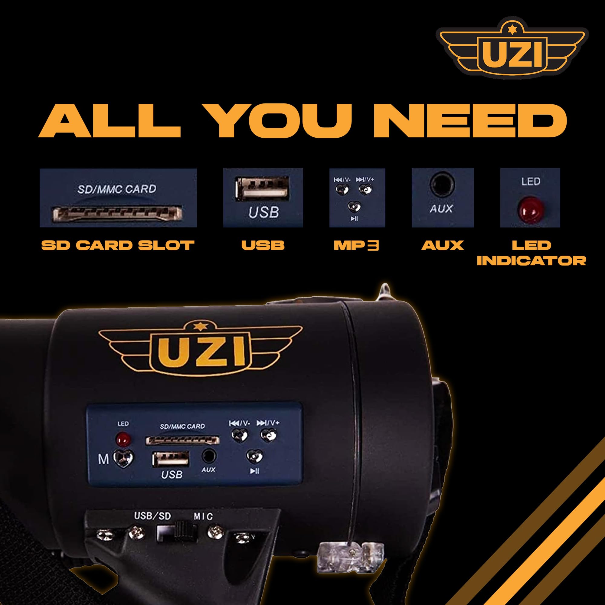 Uzi High Power Loud Big Bluetooth Megaphone 50W, Real Siren, Bullhorn, Rechargeable Battery, Portable Speaker, Pa System, Adjust