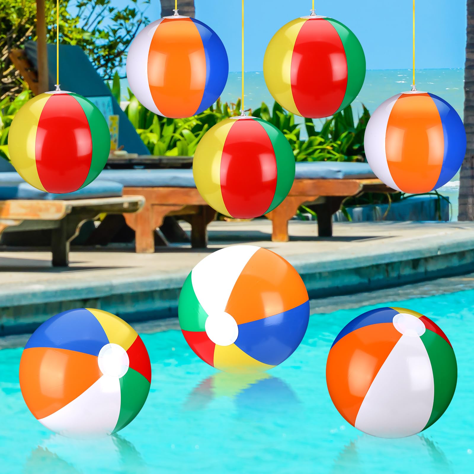 Maitys 12 Pack Rainbow Beach Balls with Hanging Rope 16'' Swimming Pool Toys Large Inflatable Beach Balls for Gift Summer Water 