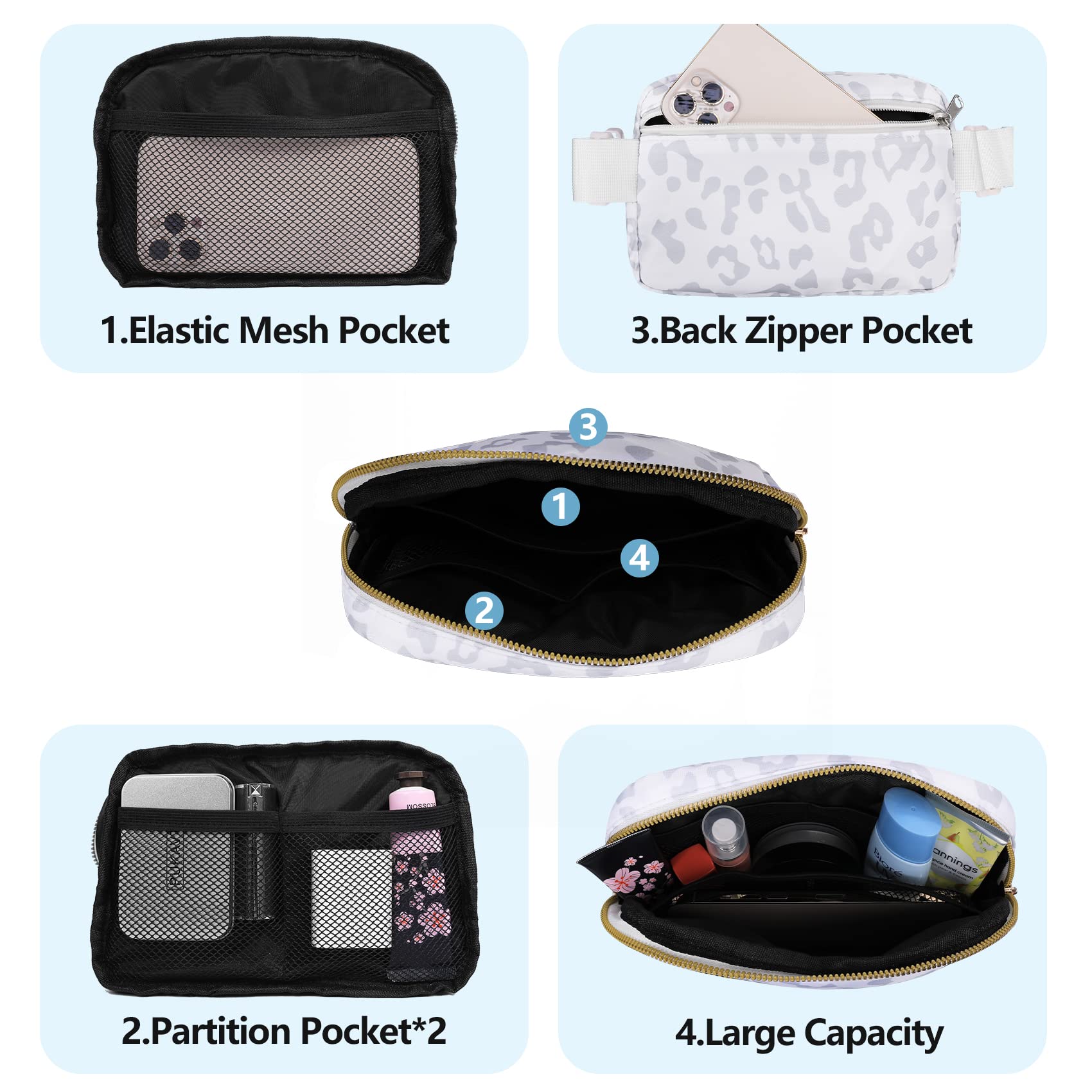 Vorolo Fanny Pack Christmas Gift For Women And Men Crossbody Bag Belt Bag Bum Bag With Adjustable Strap For Sportsleopard White