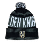 Outerstuff Nhl Kids Youth 8-20 One Size Team Color Primary Logo Sports Tech Knit Cold Weather Hockey Pom Beanie Hat - Vegas Gold