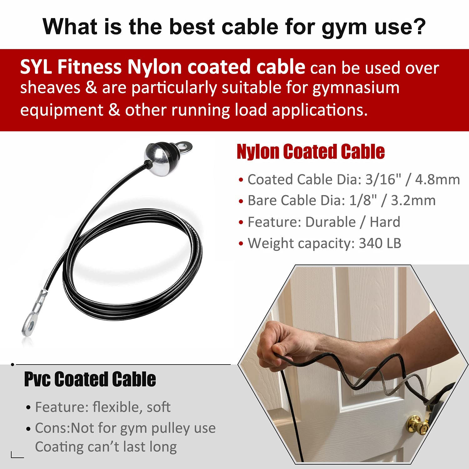 Syl Fitness Cable For Diy Home Garage Gym Cable Pulley System (Black: Type B, 88 In)