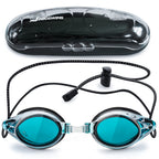 Proswims Anti-Fog Racing Swimming Goggles Blue Lens With Quick Adjustable Elastic Bungee Strap, Hard Case And Bonus Swim Goggles