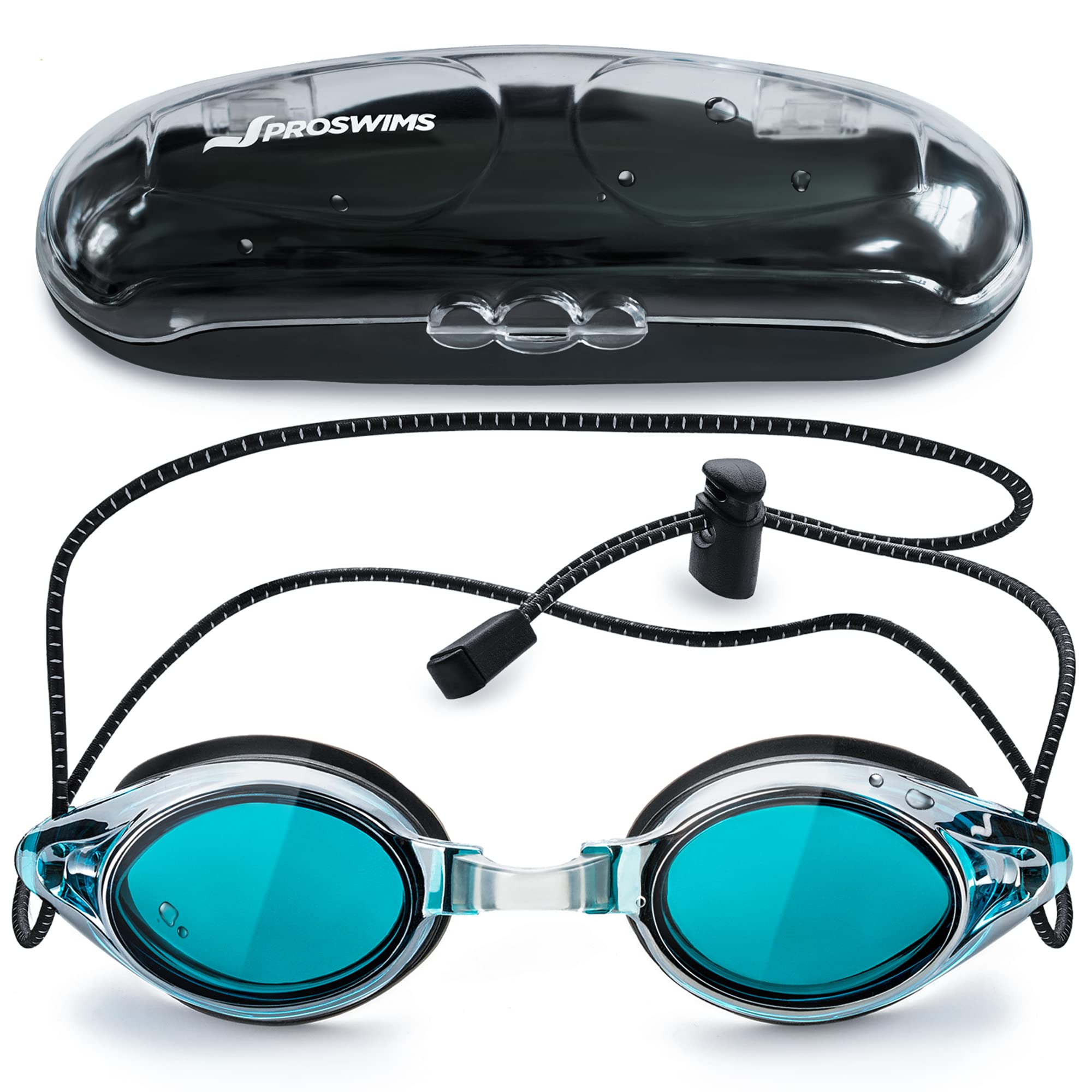 Proswims Anti-Fog Racing Swimming Goggles Blue Lens With Quick Adjustable Elastic Bungee Strap, Hard Case And Bonus Swim Goggles