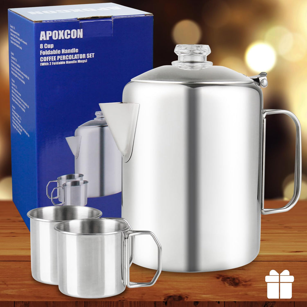 Apoxcon Coffee Percolator Bundle With 2 Mugs Stainless Steel Coffee Maker With Heat Resistant Tough Glass Knob & Foldable Handle