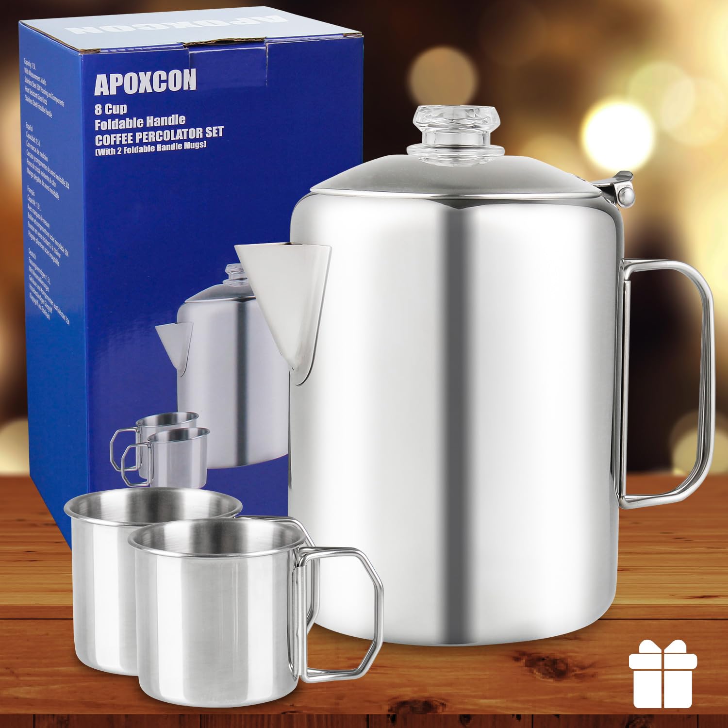 Apoxcon Coffee Percolator Bundle With 2 Mugs Stainless Steel Coffee Maker With Heat Resistant Tough Glass Knob & Foldable Handle
