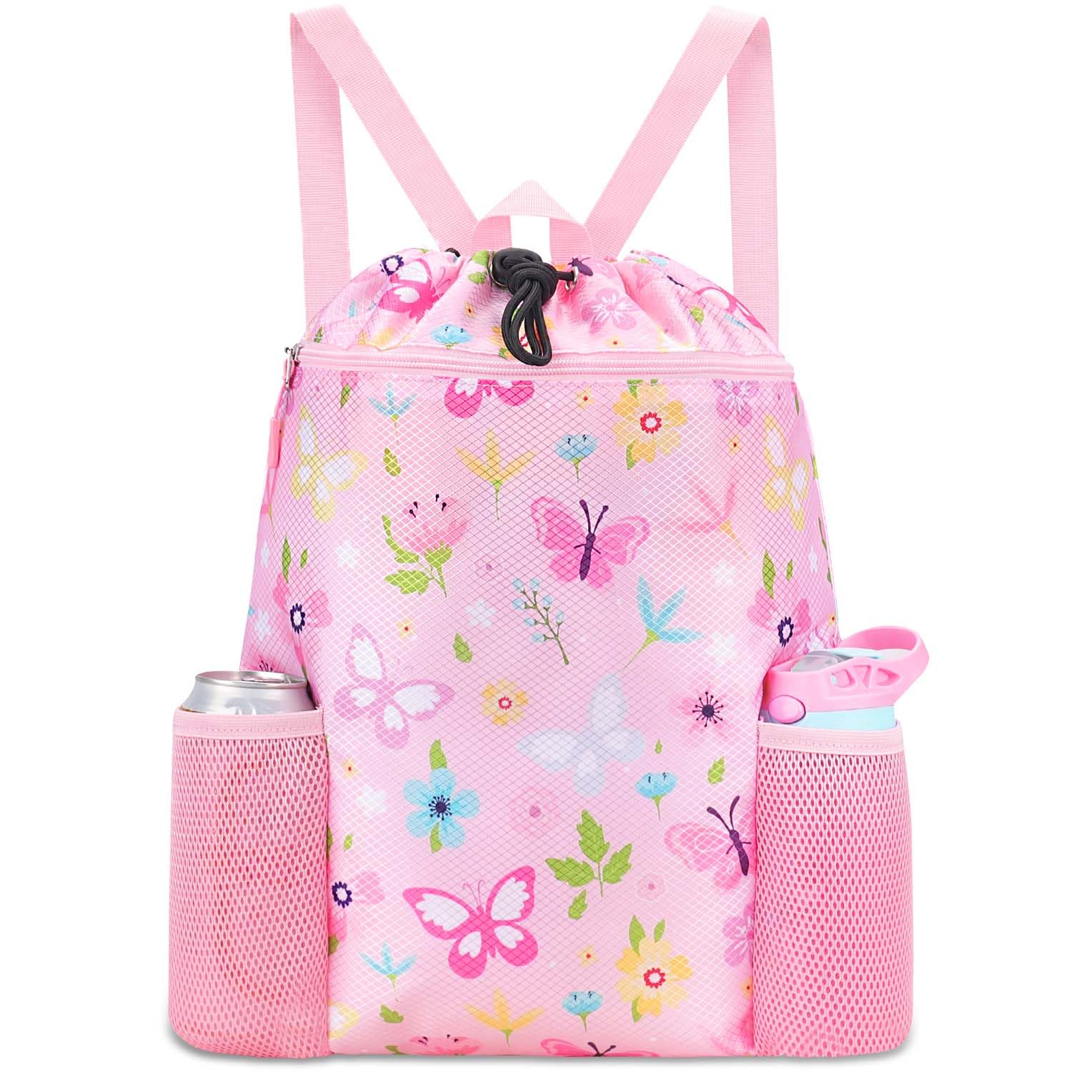 RHCPFOVR Butterfly Swim Bags for Kids - Drawstring Backpack for Girls Beach Swimming Pool Lightweight Draw String Bags Waterproo
