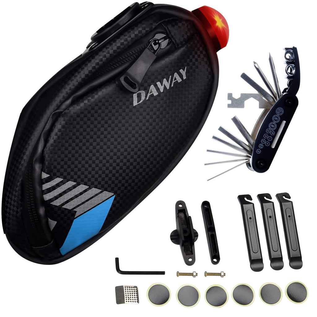 Daway Bike Repair Kit With Taillight - A36 Waterproof Bicycle Saddle Bag, 16 In 1 Multi Tool, Glueless Tire Tube Patches, Tire L