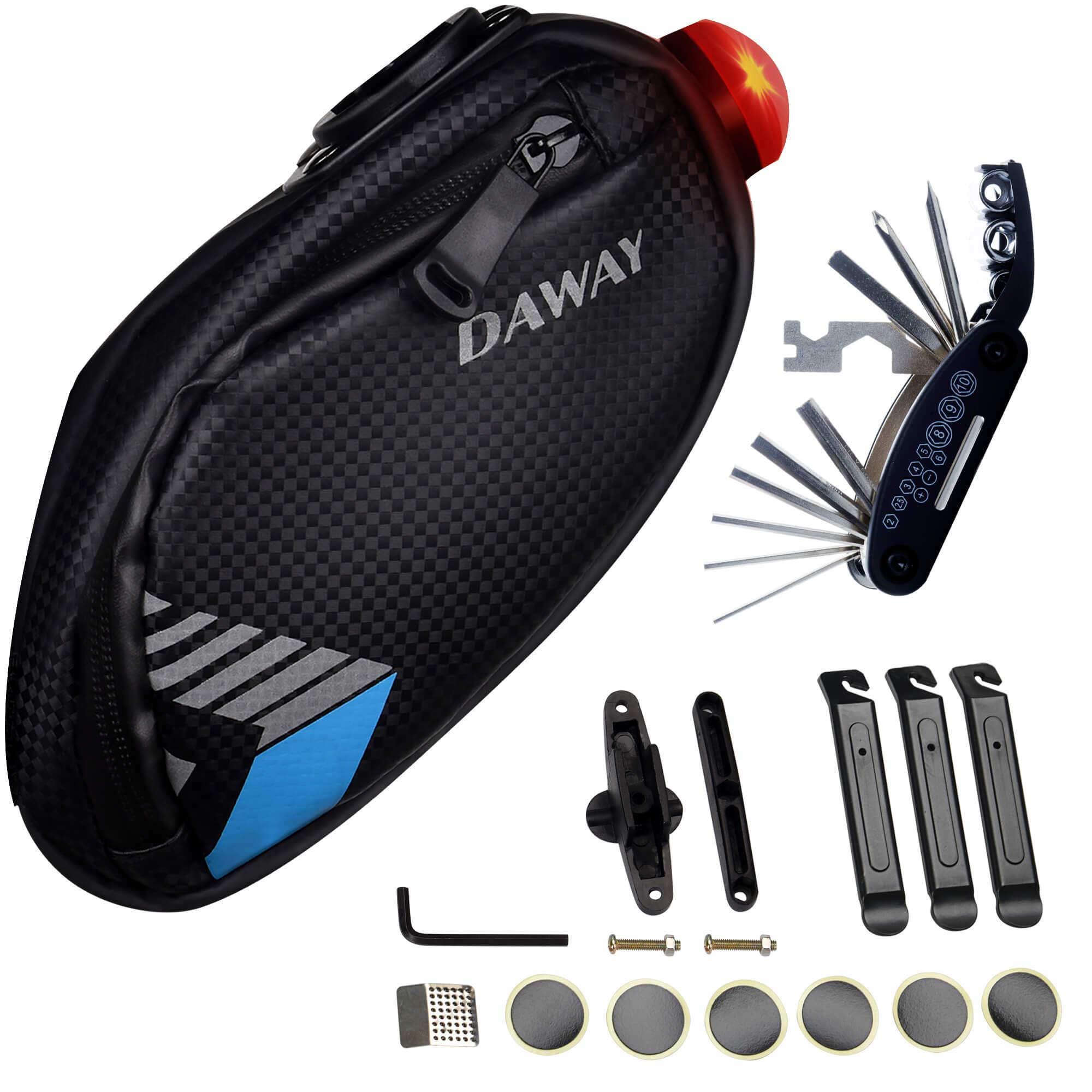 Daway Bike Repair Kit With Taillight - A36 Waterproof Bicycle Saddle Bag, 16 In 1 Multi Tool, Glueless Tire Tube Patches, Tire L