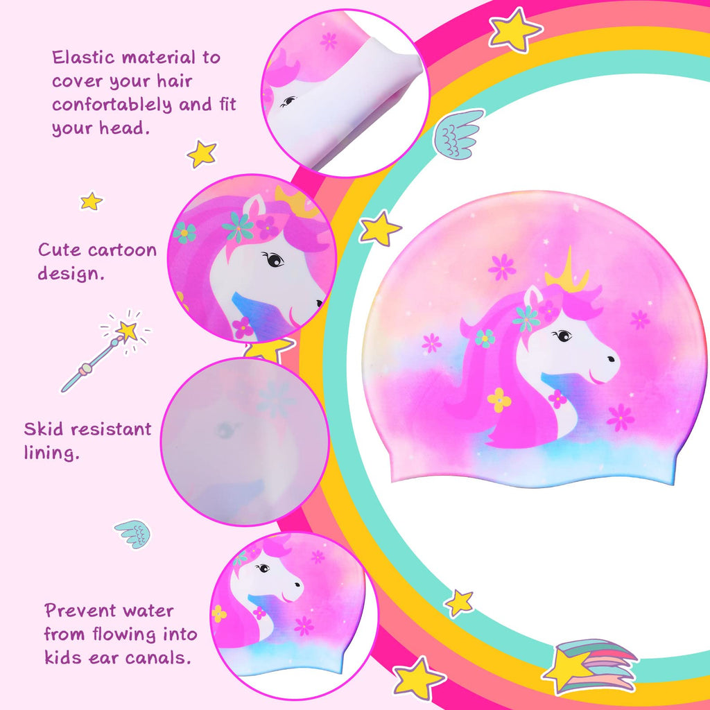 Syhood 3 Pcs Kids Swim Caps Baby Waterproof Bathing Caps Children Cartoon Swimming Hat For Long Short Hair Kids Boys Girls (Mixe