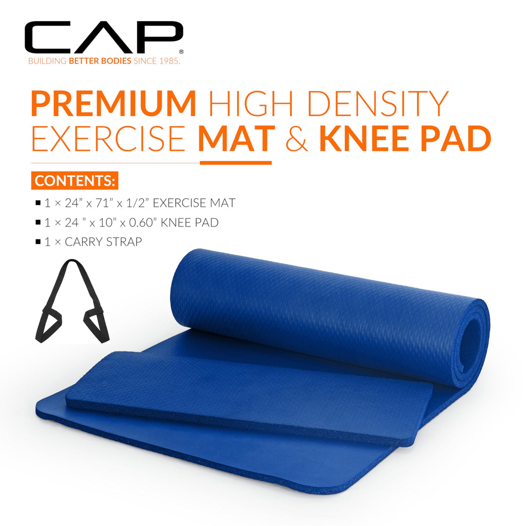 Cap High Density Exercise Yoga Mat With Strap And Knee Pad 71''X24''X1/2'' Blue