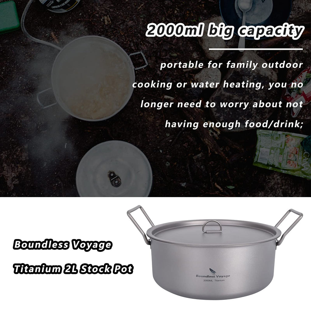 Boundless Voyage Outdoor Camping Titanium Pot 2L Stockpot With Lid Folding Handle Hiking Picnic Portable Big Capacity Soup Pot H