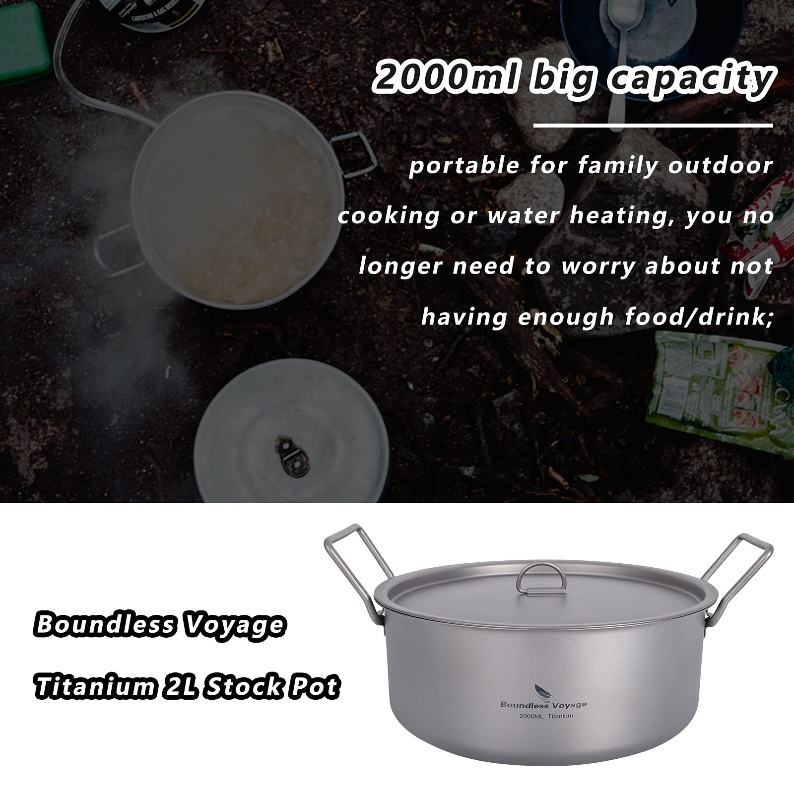 Boundless Voyage Outdoor Camping Titanium Pot 2L Stockpot With Lid Folding Handle Hiking Picnic Portable Big Capacity Soup Pot H