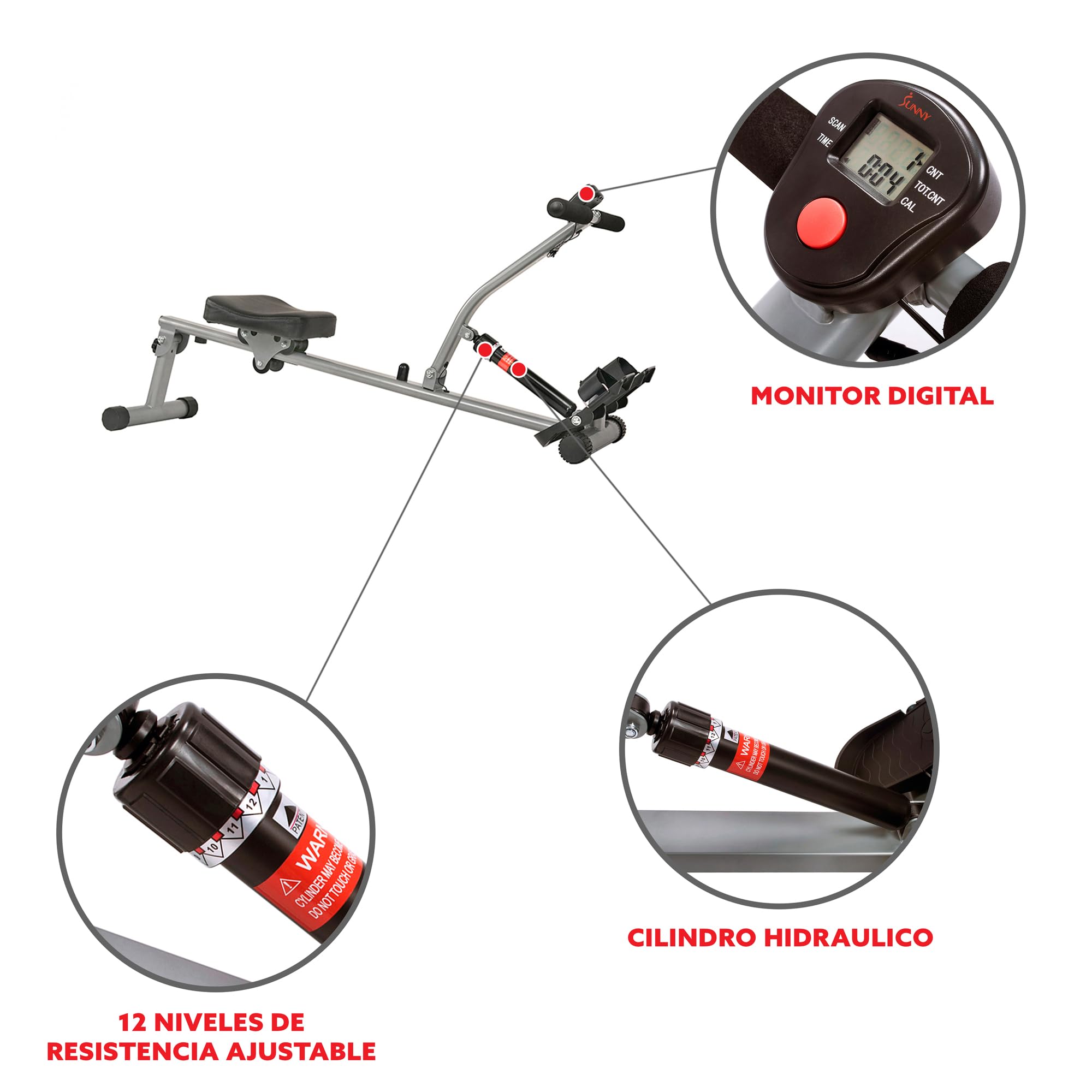 Sunny Health & Fitness Sf-Rw1205 Rowing Machine Rower With 12 Level Adjustable Resistance, Digital Monitor And 220 Lb Max Weight