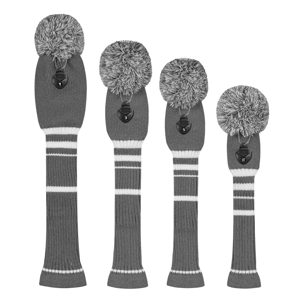 Scott Edward Steel Gray White Stripes Golf Club Covers Set Of 4 Double-Layer Yarn Knit Driver Head Cover*1 Fairway Head Covers*2