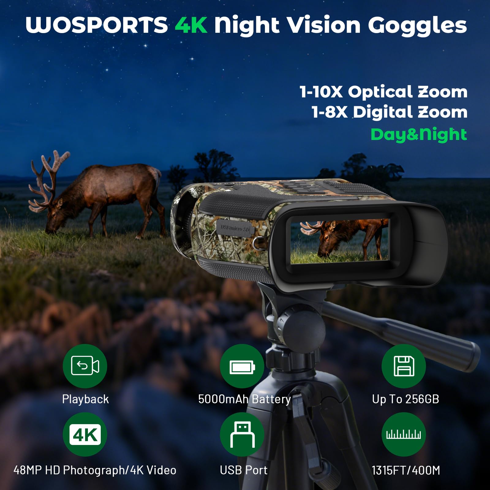 Wosports 4K Night Vision Goggles- 10X Optical & 8X Digital Zoom, 1315Ft Infrared Range, Rechargeable 5000Mah Battery, Ipx Waterp