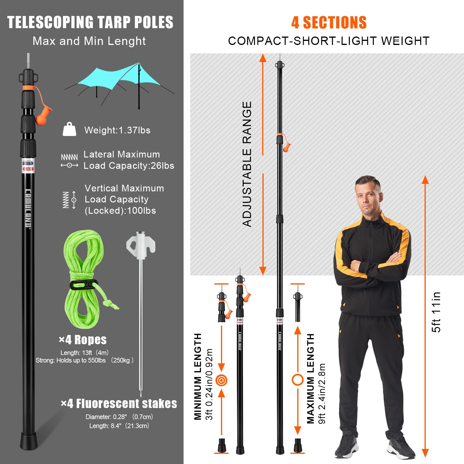 Tent Poles For Tarp, Camuland Telescoping Camping Gear Accessories Stakes For Hammock Rain Fly Sun Shade Adjustable Lightweight
