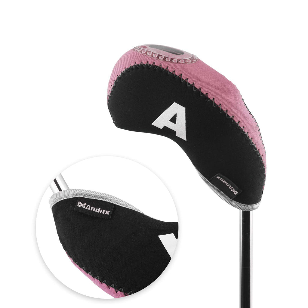 Andux Number Print Golf Iron Club Head Covers With Transparent Window 10Pcs/Set Black/Pink