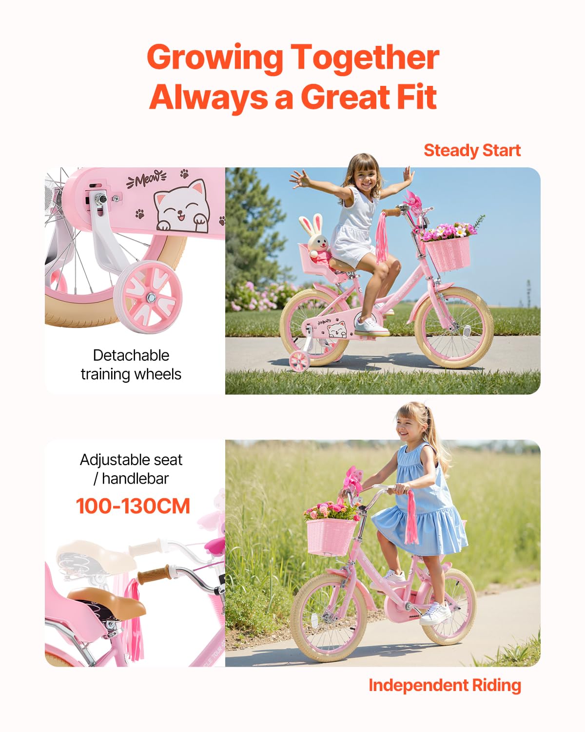 Vevor Kids Bike, 16 Inches Princess Style Children Bicycle With Streamers & Basket, Rider Height 3.28 Ft - 4.27 Ft, Doll Seat &